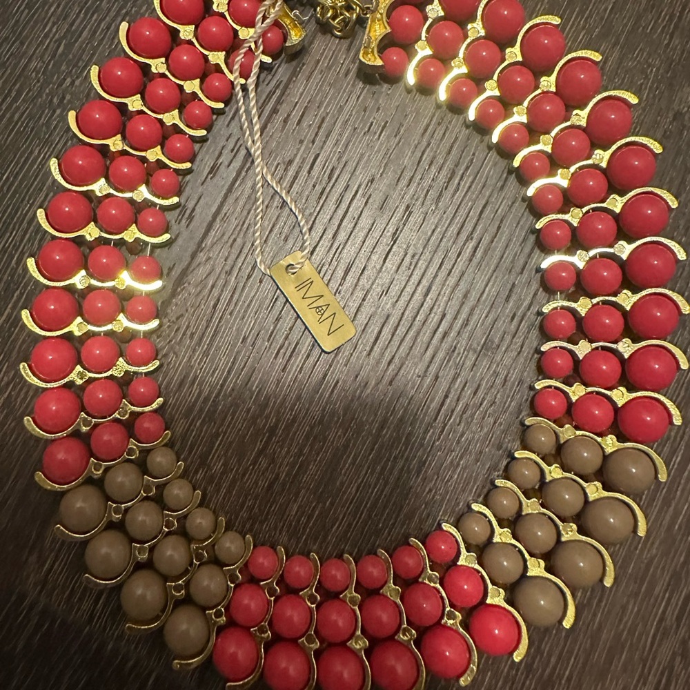 IMAN Coral Red Taupe Bib Statement Necklace Gold Tone Adjustable NWT